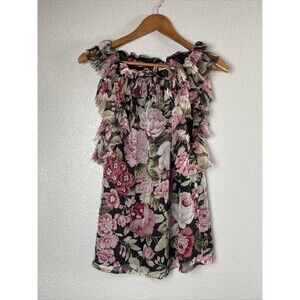 P.A.R.O.S.H. Floral Ruffle Top Shirt Sleeveless Round Collar Black Pink Sz Small